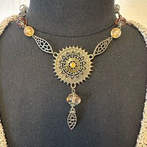 Boho Sunburst Medallion Statement Necklace Amber Beads Filigree